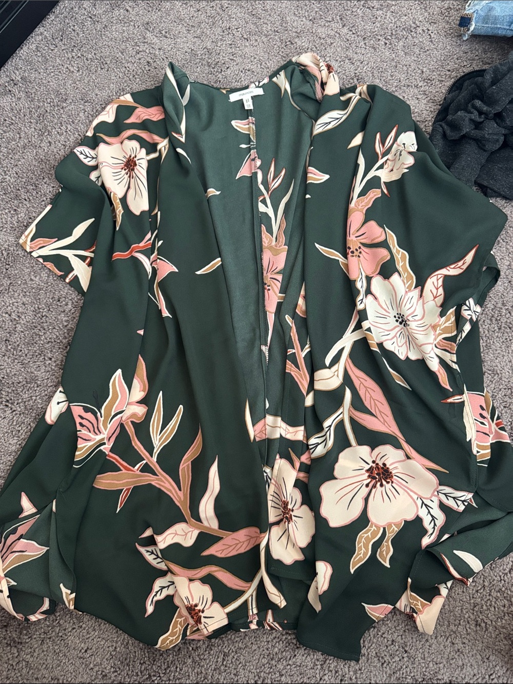 Maurices Dark Green Floral Open-Front Kimono with Pink & Cream Blooms